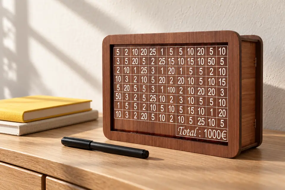 Tirelire japonaise en bois, grille 1 000 €, posée sur un meuble en chêne avec un feutre noir